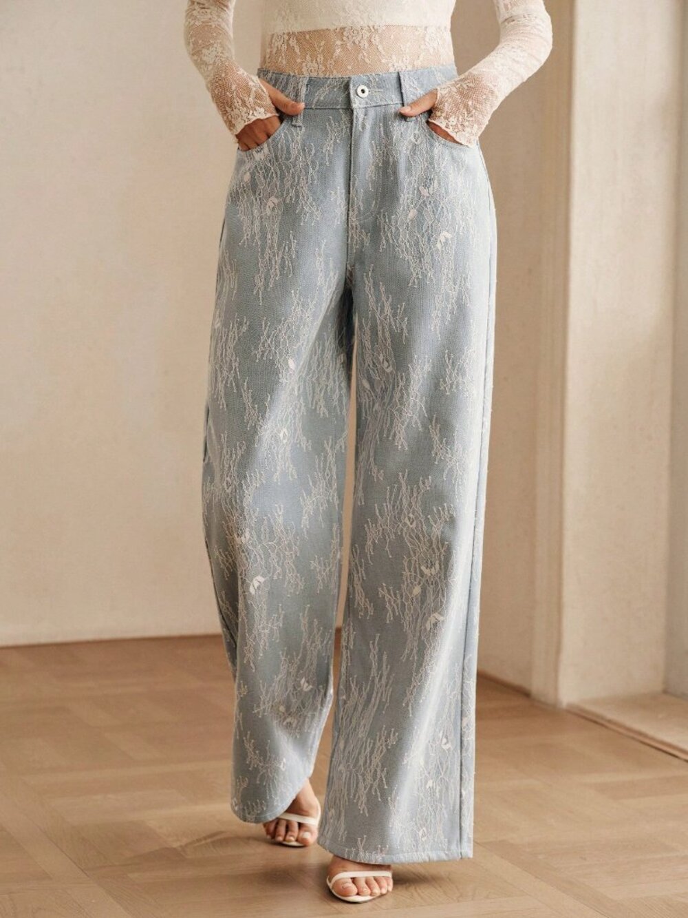 Blue Casual Women's High Waist Wide Leg Lace Denim Jeans